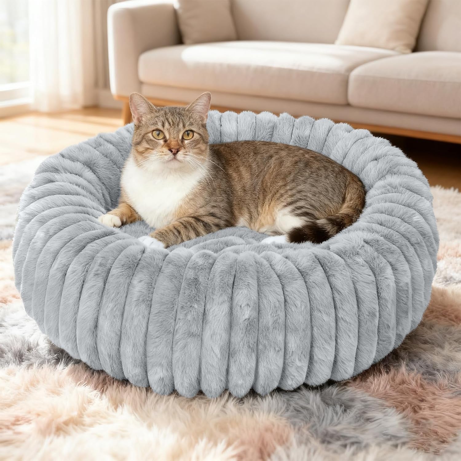 Washable Small Cat Dog Bed,Calming anti Anxiety round Donut Dog Bed,Cute Kitten Cat Beds for Indoor Cats,Fluffy Puppy Dogs Beds for Small Dogs, Anti-Slip Comfort Pet Bed(Grey,S)