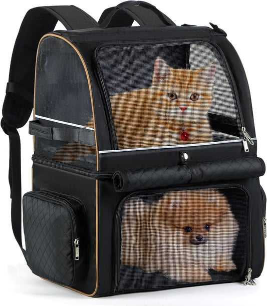 Double Cat Backpack Carrier for 2 Cats, Double-Compartment Pet Carrier Backpack for Two Small Cat or One Medium Cat, Cats Carrier Backpack Dog Carrier Backpack Fits up to 24 Lbs,Black