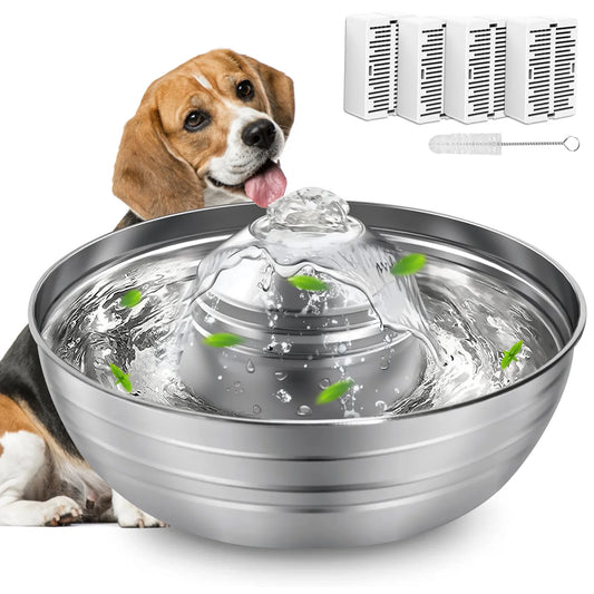 Cat Water Fountain, 2L/67Oz Stainless Steel Pet Water Fountain, Quiet Cat Water Bowl for Cats and Small Dogs (Silver)