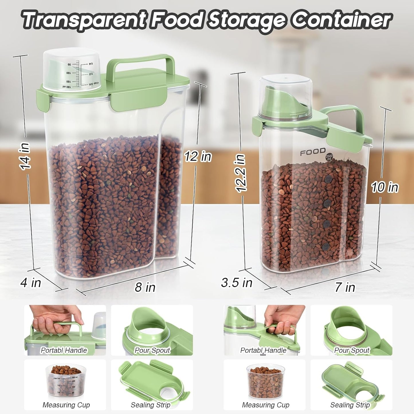 5-7Lbs Dog Cat Food Storage Container with Upgraded Large Nozzle Bpa-Free, 4 Snap Seals Plastic Pet Food Storage Containers with Handles (Green X 2, (5L+3L) 2Pack)