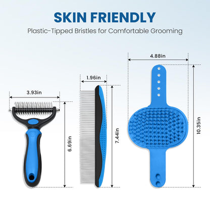 Double-Sided Pet Grooming Rake - 4-In-1 Professional Pet Grooming Kit Deshedding Dematting Tool for Dogs Cats Extra-Wide Grooming Brush & Deshedder Comb for Long & Short Haired Pets (Blue Kit 4PCS)