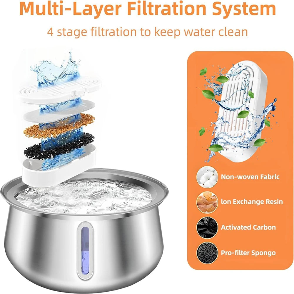 304 Stainless Steel Pet Water Fountain 4L/134 Oz Cat Automatic Water Fountain with Faucet Silent Filter Clear Window