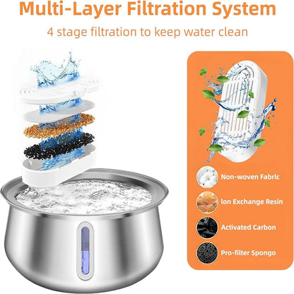 304 Stainless Steel Pet Water Fountain 4L/134 Oz Cat Automatic Water Fountain with Faucet Silent Filter Clear Window