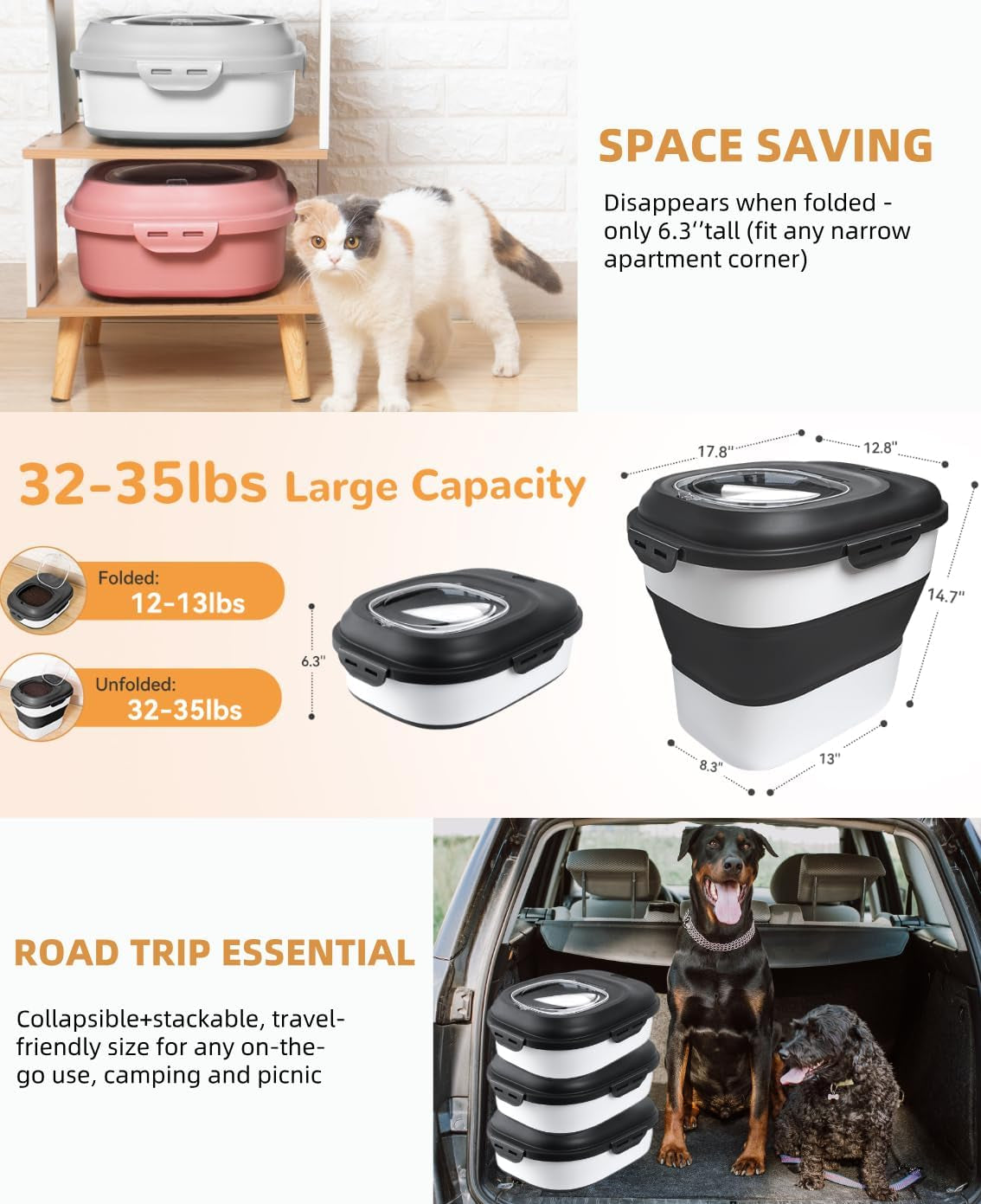 30-35 Lbs Dog Food Storage Container Collapsible Dog Food Container with Airtight Lids, Wheels, Scoop and 2Pcs Food Storage Containers, Large Pet Food Storage for Dog, Cat (Black)