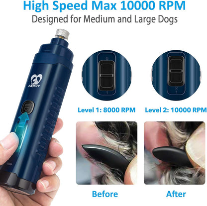Dog Nail Grinder with 2 LED Light - 4.8V Super Powerful 2-Speed Electric Pet Nail Trimmer for Medium Large Dogs Quiet Rechargeable Painless Paws Grooming & Smoothing Tool (Dark Blue)