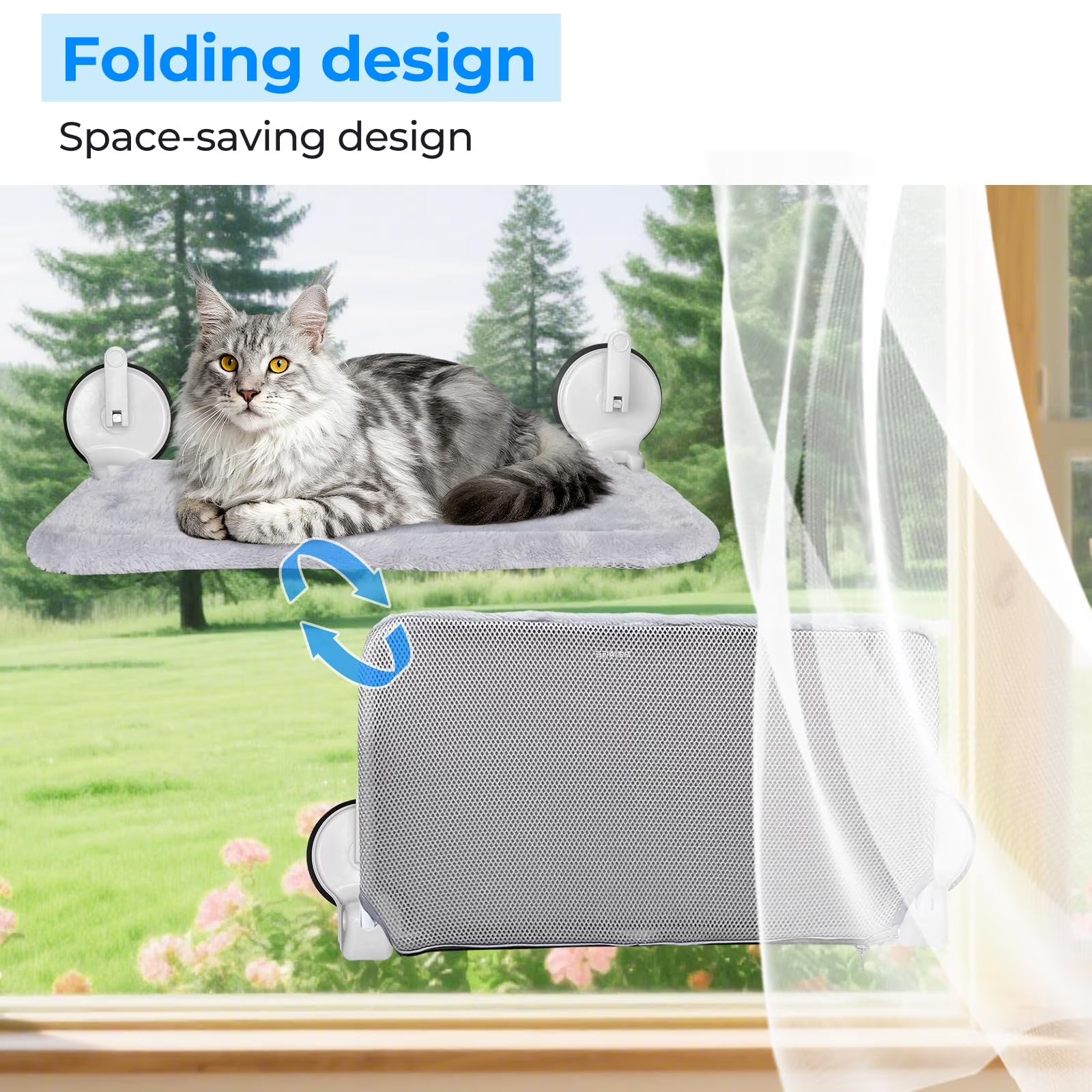 . Cat Window Hammock, Foldable Cat Window Perch with Lever Lock Suction Cups, Holds up to 50 Lbs, Washable Cover (M 1Pc)