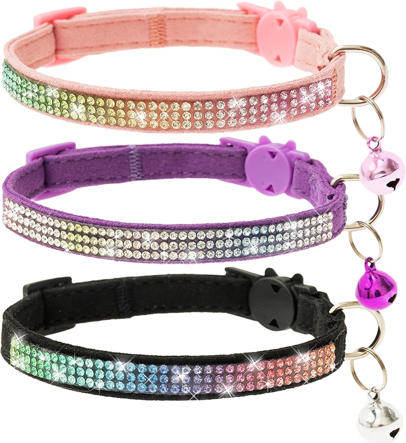 Breakaway Cat Collar with Bells, 3 Pack Rhinestone Pet Collars | Adjustable Bling Cute Adjustable Collars Pet Accessories for Girl & Boy Cats, Kitten, Puppy