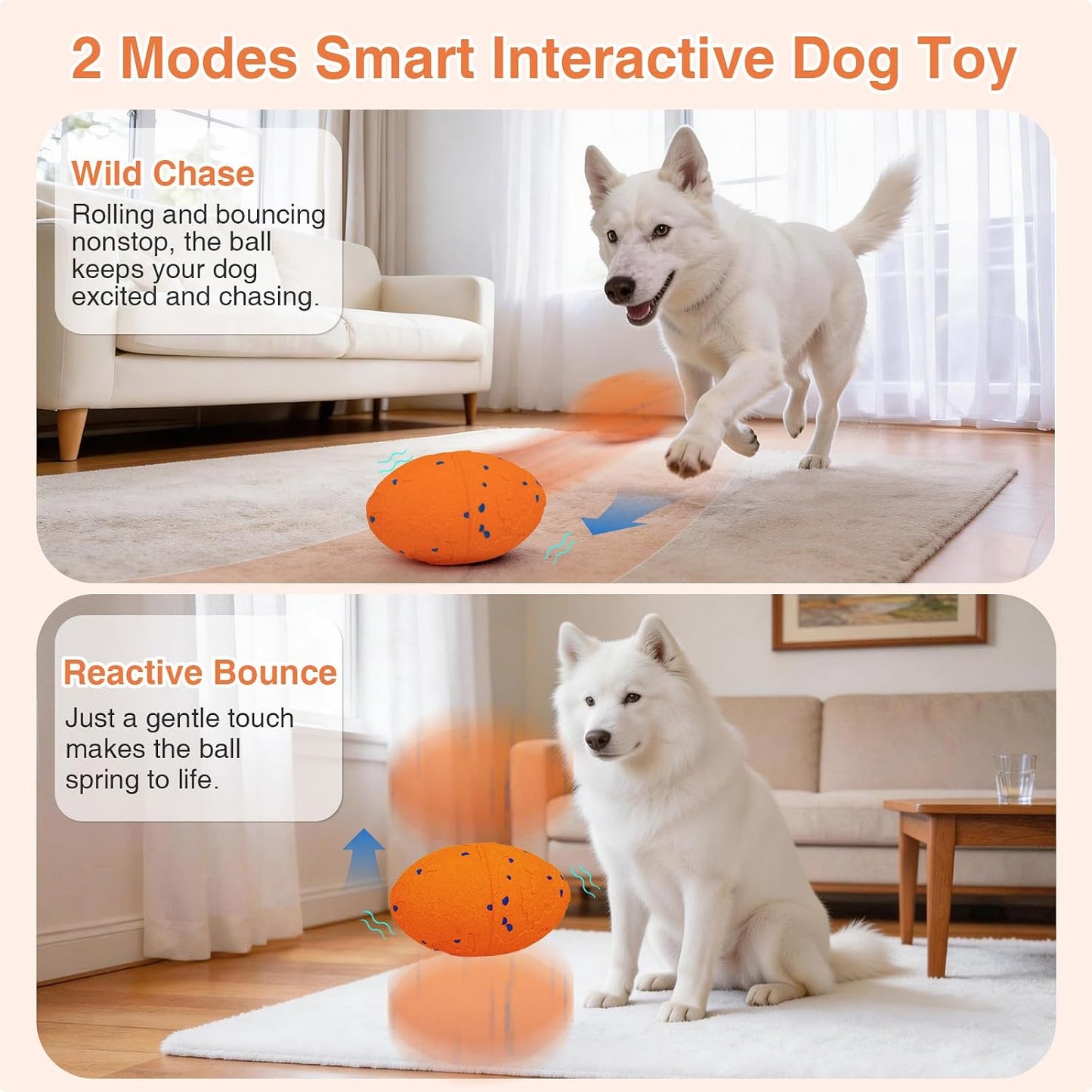 Interactive Dog Toy, Pet Ball Toys Automatic Moving Bouncing and Rotating, Solid E-TPU Material, IPX7 Waterproof Active Rolling Balls for Small, Medium and Large Dogs(Vorange)