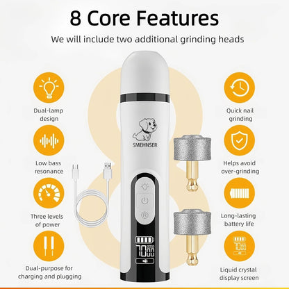 Silent Pet Nail Grinder with Dual LED Lights & 3 Speeds, USB Rechargeable Cordless Pet Nail Trimmer for Dogs and Cats (1 Set + 2*Replacement Heads)