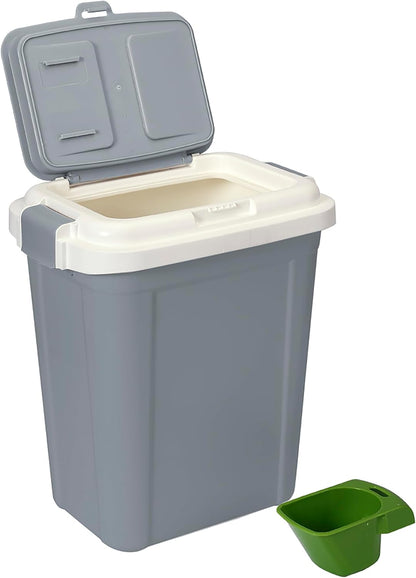 : Airtight Pet Food Storage Container - 23 Qt, Grey - Holds 20 Lbs, Lightweight Bin & Measuring Scooper, Dogs-Cats-Animal Supplies
