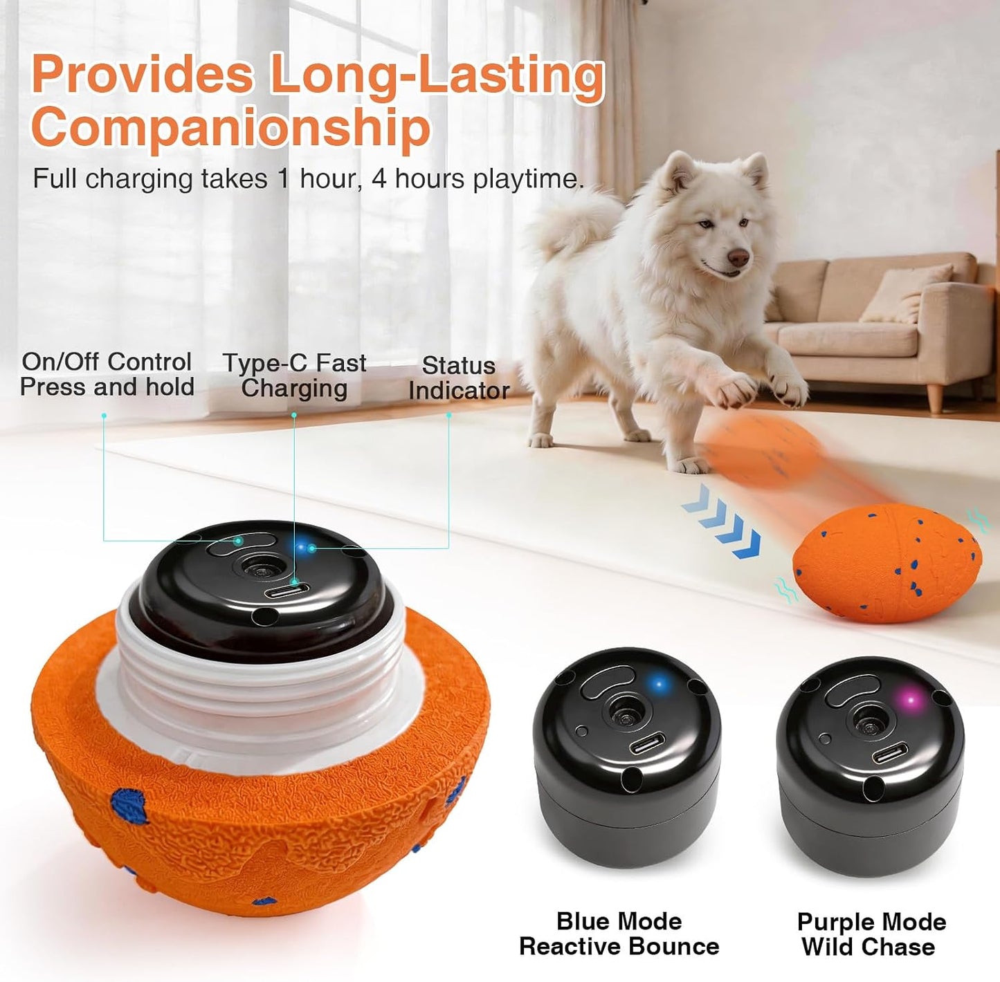 Interactive Dog Toy, Pet Ball Toys Automatic Moving Bouncing and Rotating, Solid E-TPU Material, IPX7 Waterproof Active Rolling Balls for Small, Medium and Large Dogs(Vorange)