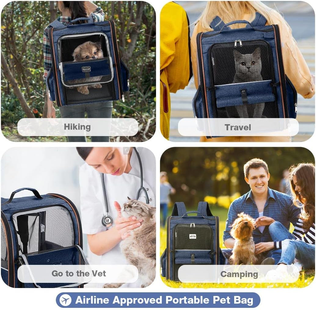 Large Cat Backpack Carrier Expandable Pet Carrier Backpack for Small Dogs Medium Cats Fit up to 18 Lbs, Dog Backpack Carrier, Foldable Puppy Backpack Carrier for Travel, Hiking,Blue