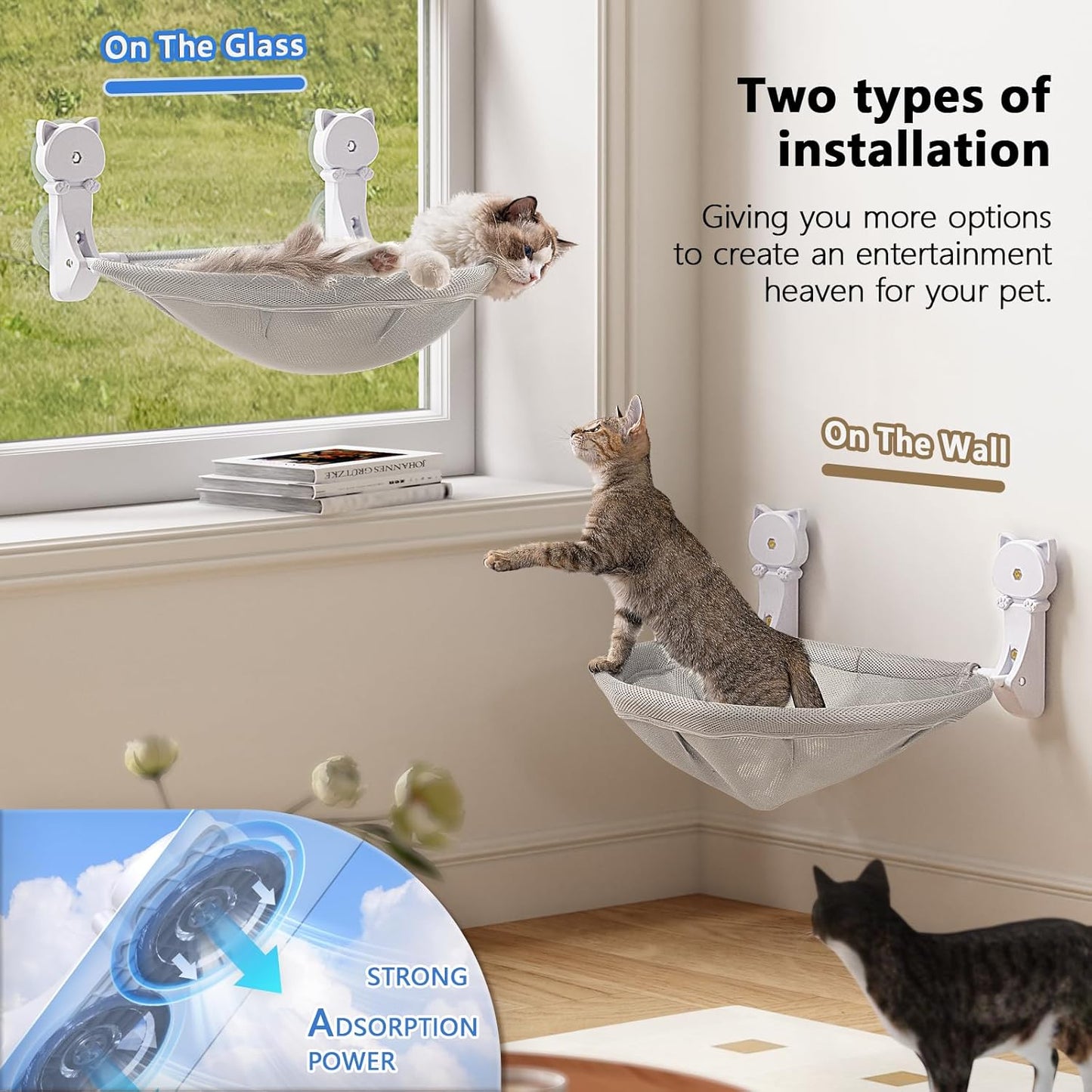 Cat Window Perch Cordless, Foldable & Stable Cat Beds- Breathable Cat Window Hammock for Overlooking, Sunbathing and Climbing - Maximum Hold up to 40Lb