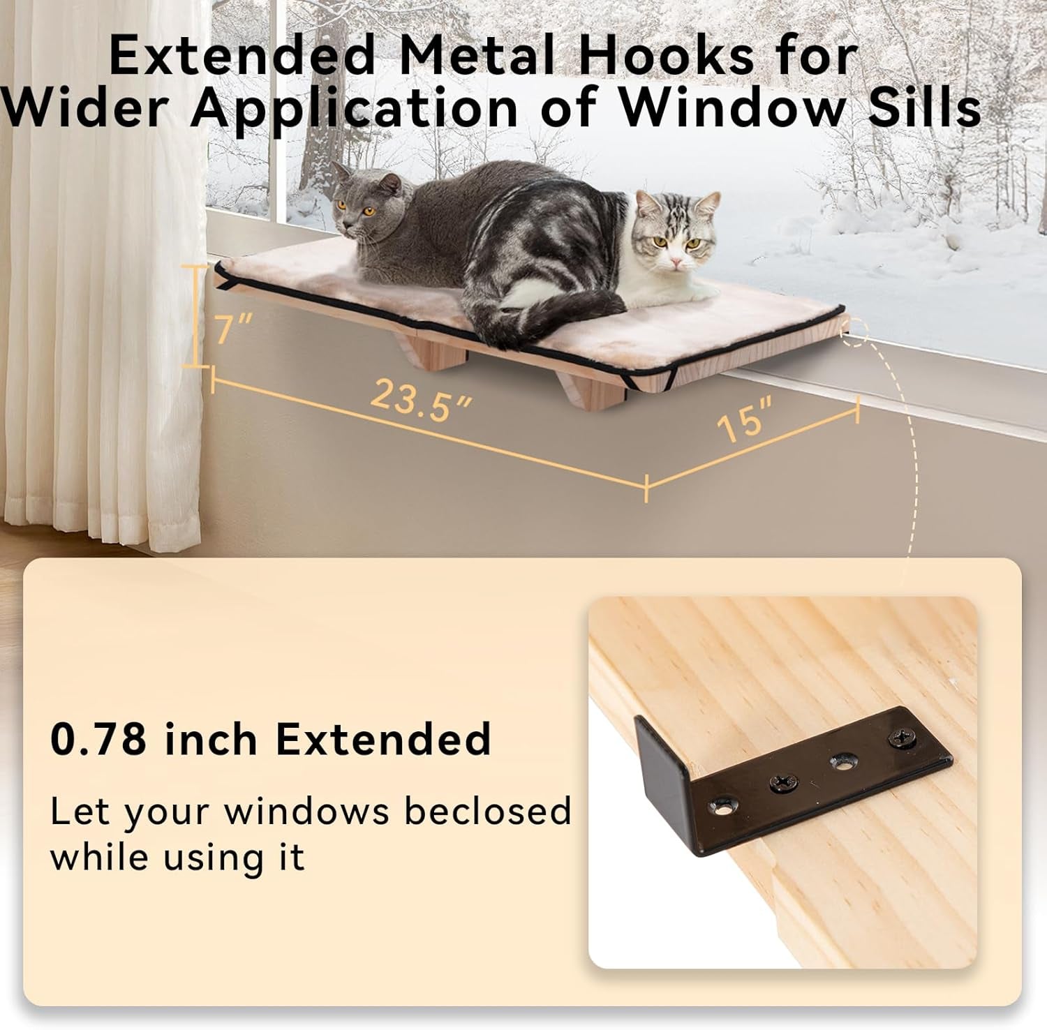 Cat Window Perch for 2 Cats, Adjustable Cat Hammock with Removable Fleece Mat, Natural Solid Wood Design, Easy to Assemble Window Perch for Large Cats, Fits Windowsill, Bedside & Drawer