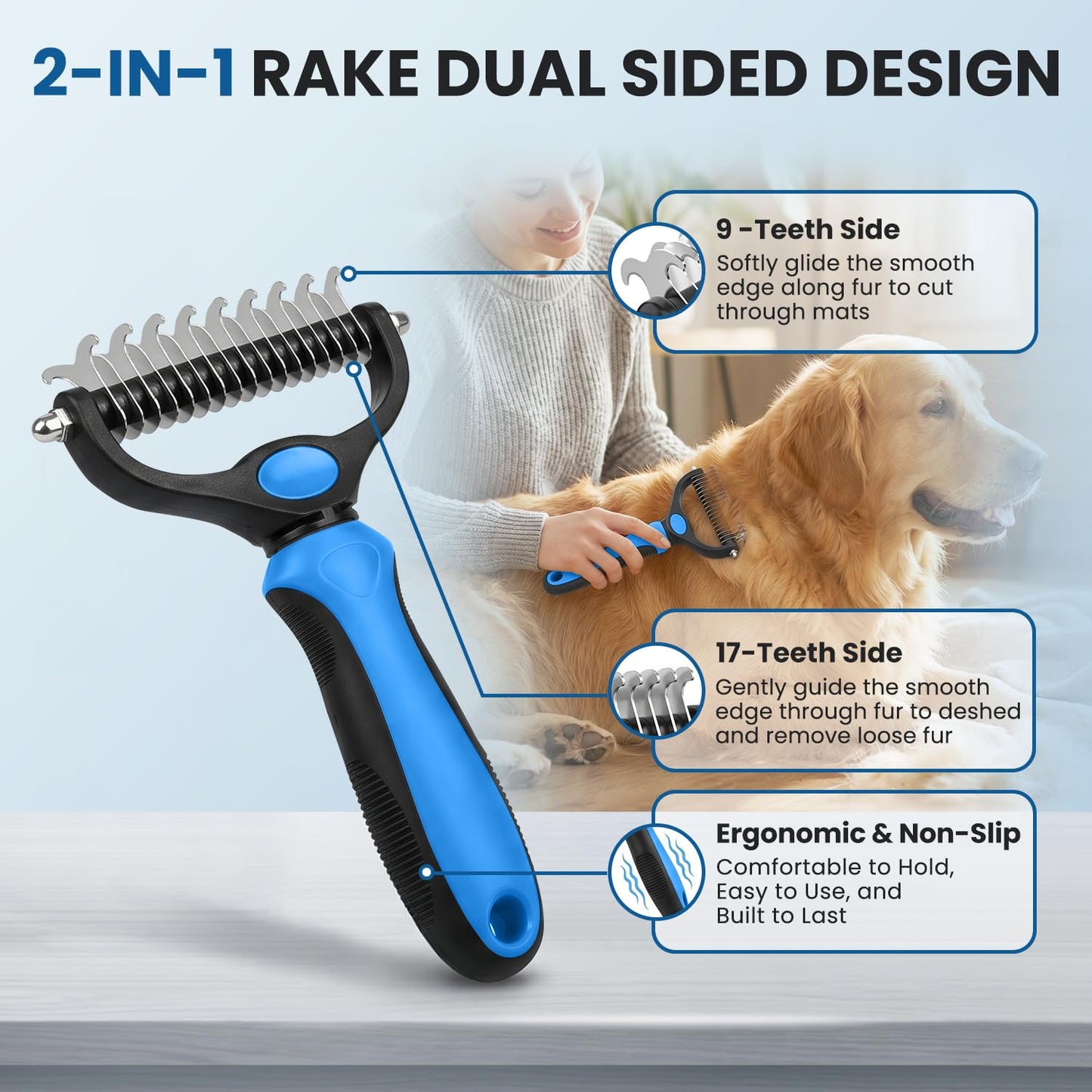 Double-Sided Pet Grooming Rake - 4-In-1 Professional Pet Grooming Kit Deshedding Dematting Tool for Dogs Cats Extra-Wide Grooming Brush & Deshedder Comb for Long & Short Haired Pets (Blue Kit 4PCS)