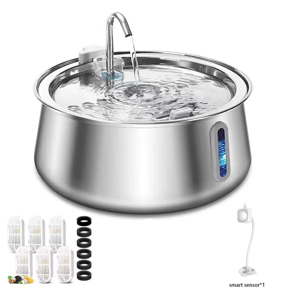 304 Stainless Steel Pet Water Fountain 4L/134 Oz Cat Automatic Water Fountain with Faucet Silent Filter Clear Window