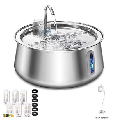 304 Stainless Steel Pet Water Fountain 4L/134 Oz Cat Automatic Water Fountain with Faucet Silent Filter Clear Window