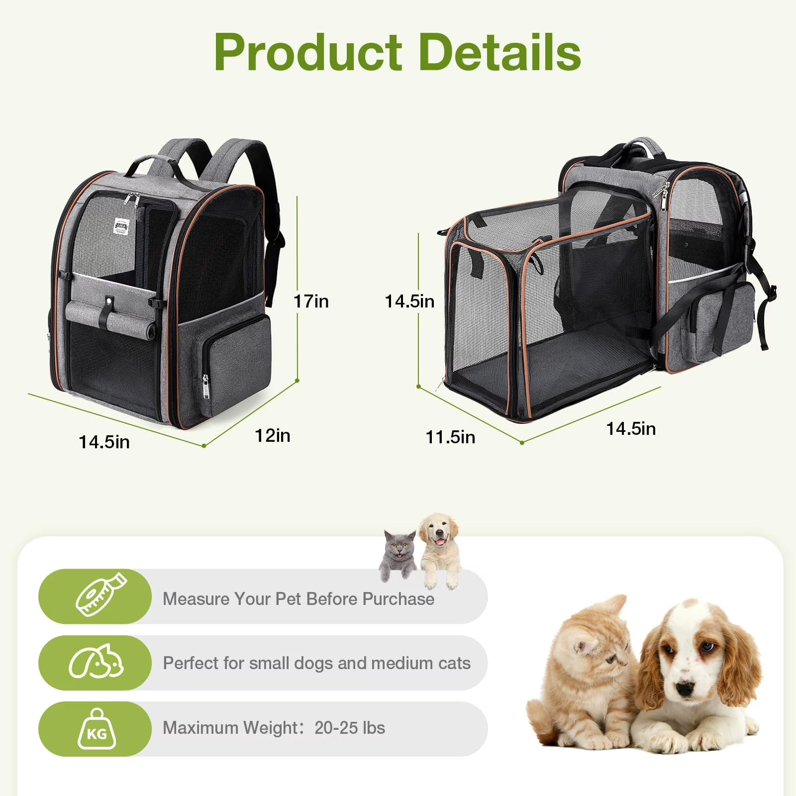 Extra Large Expandable Pet Backpack Carrier for Cats and Small Dogs Grey