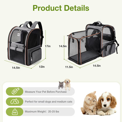 Extra Large Expandable Pet Backpack Carrier for Cats and Small Dogs Grey