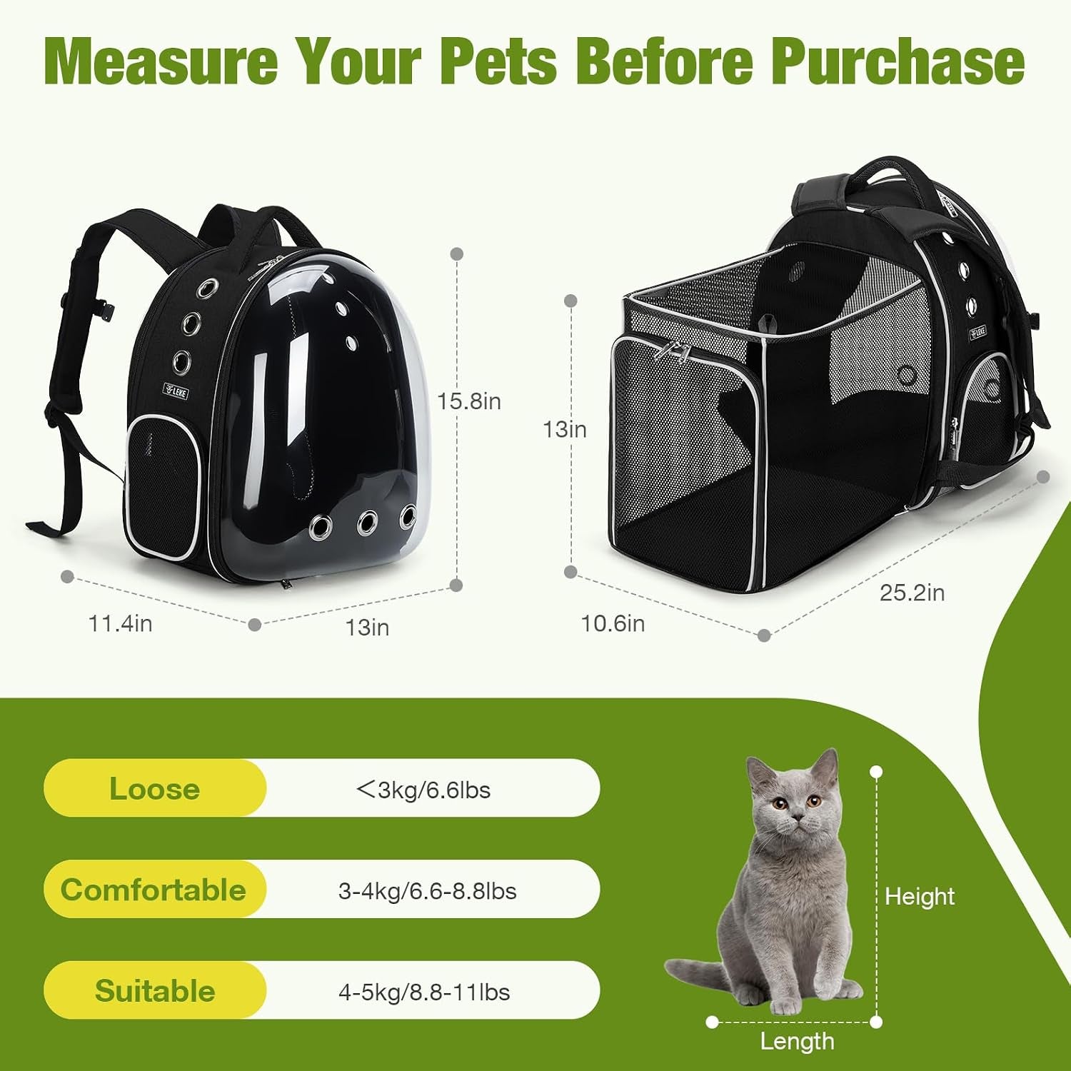 Cat Backpack Carrier, Expandable Large Space Cat Bubble Backpack for Kitty Small Dog up to 18Lbs, Transparent Pet Carrier for Travel, Hiking