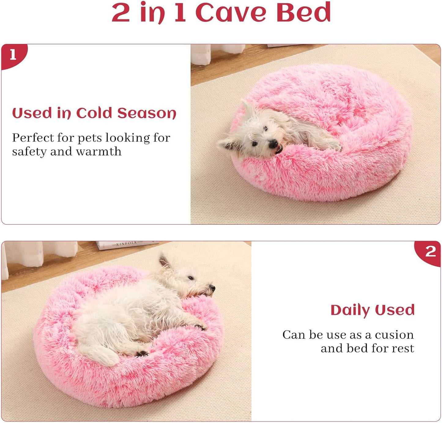 Calming Donut Dog Bed with Hooded Blanket – Plush Fluffy Cave Bed for Small & Medium Dogs, Machine Washable Anti-Anxiety Pet Bed for Cats