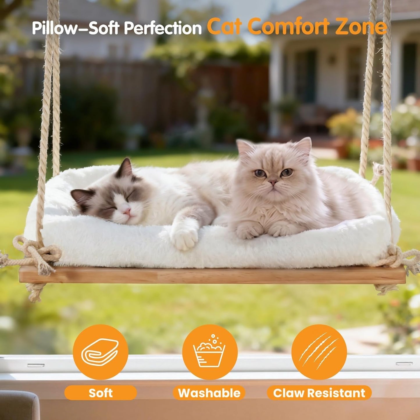 Large Cat Window Perch, Window Hammock Bed with Solid Wood Seat 4 Heavy Duty Suction Cups, Plush Cushion, Indoor Hammock Bed for Large Cats (XL)