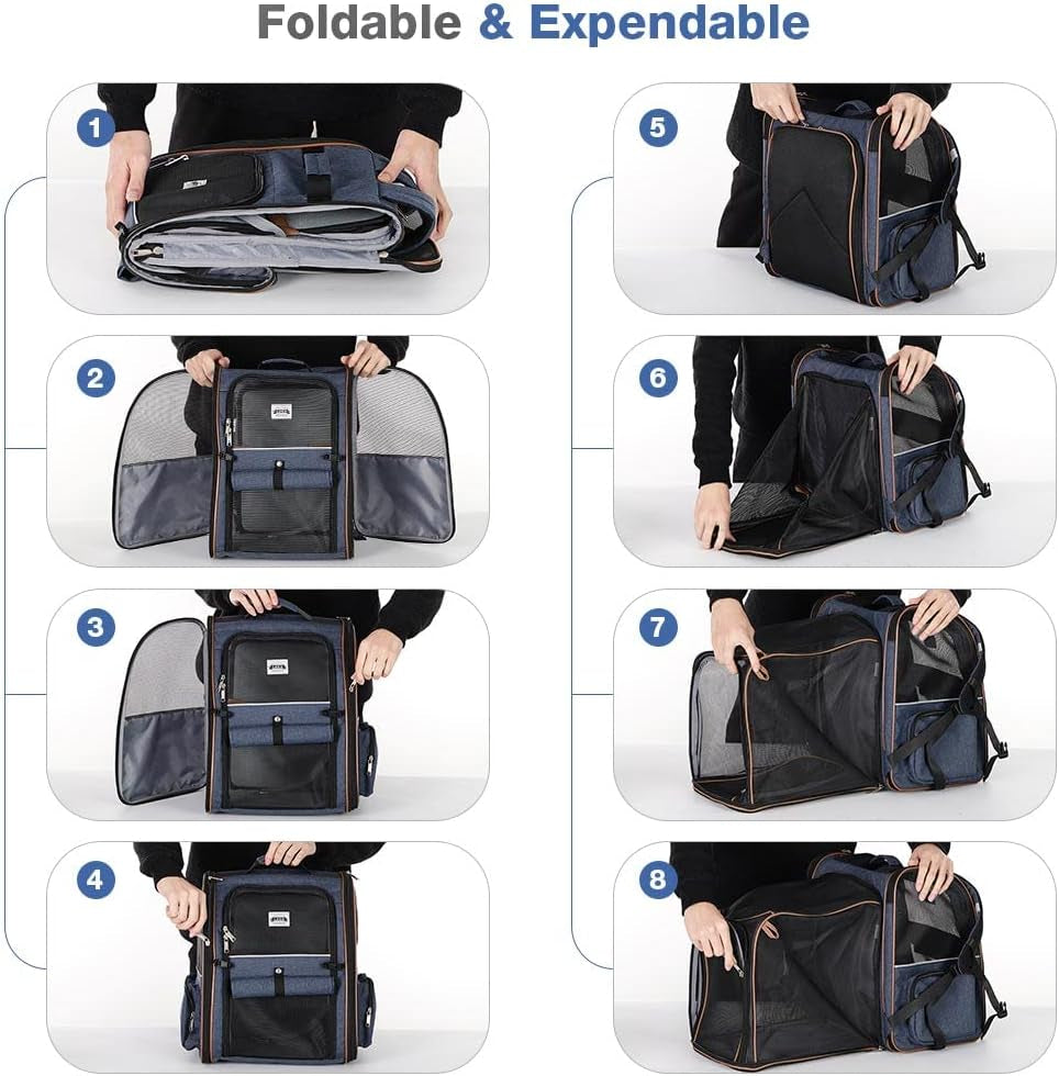 Large Cat Backpack Carrier Expandable Pet Carrier Backpack for Small Dogs Medium Cats Fit up to 18 Lbs, Dog Backpack Carrier, Foldable Puppy Backpack Carrier for Travel, Hiking,Blue