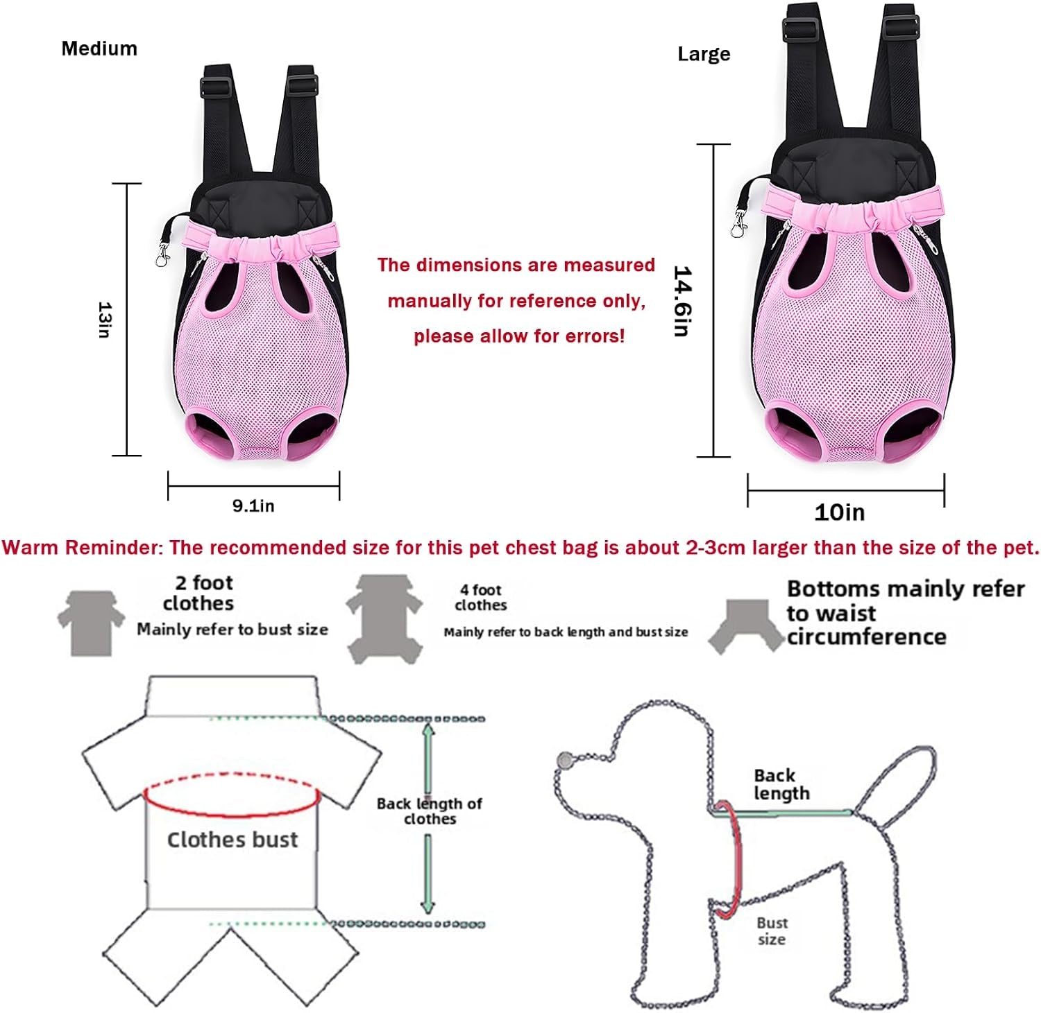 Pet Carrier Backpack, Adjustable Pet Front Carriers for Small Medium Dogs Cats 5-18 Lbs, Legs Out, Dog Cat Carrier Backpack for Hiking,Camping,Traveling,Cycling (Pink, Medium（Fit:5-10Lb）)