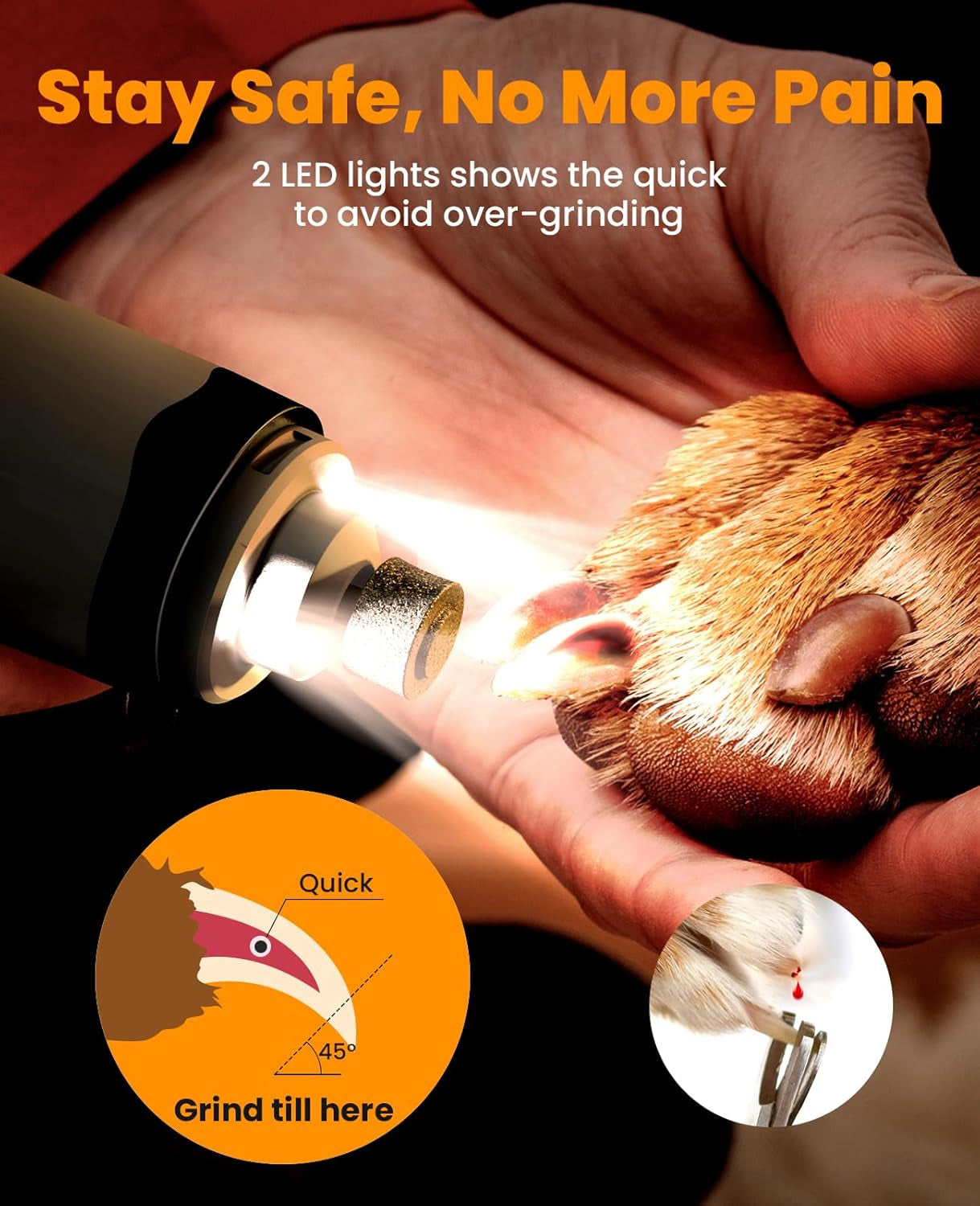 Dog Nail Grinder and Paw Trimmer Kit 3 in 1 Quiet Rechargeable Electric Pet Nail Grinder with 2 LED Lights and Cordless Dog Grooming Safe Clippers