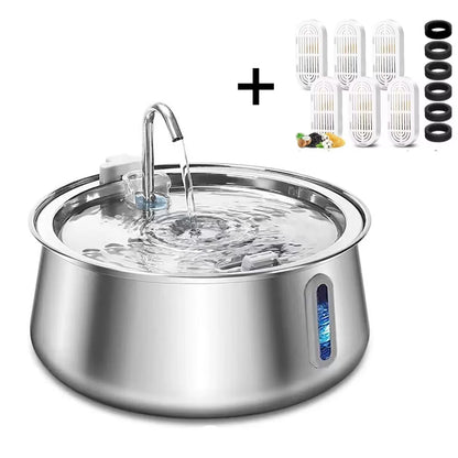 304 Stainless Steel Pet Water Fountain 4L/134 Oz Cat Automatic Water Fountain with Faucet Silent Filter Clear Window