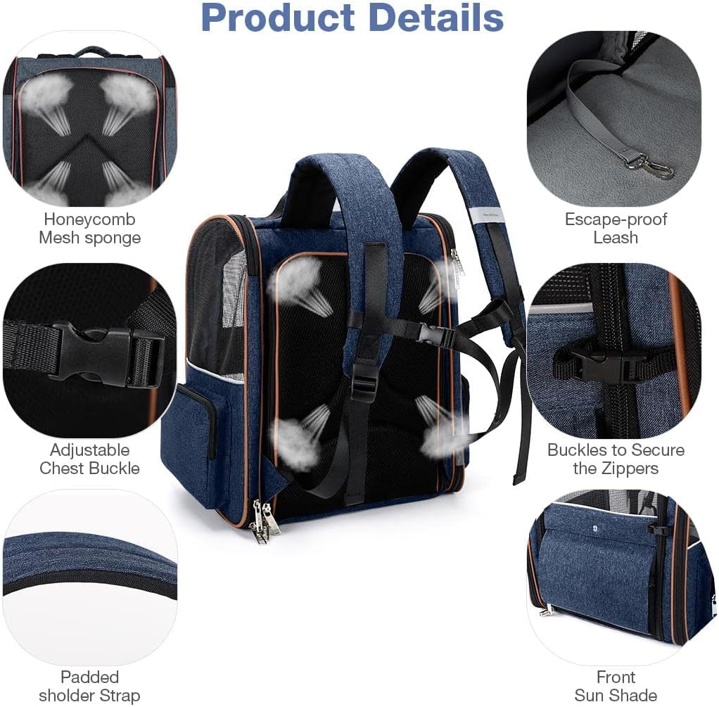 Large Cat Backpack Carrier Expandable Pet Carrier Backpack for Small Dogs Medium Cats Fit up to 18 Lbs, Dog Backpack Carrier, Foldable Puppy Backpack Carrier for Travel, Hiking,Blue
