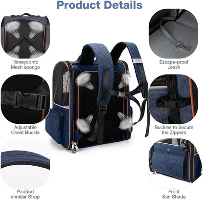 Large Cat Backpack Carrier Expandable Pet Carrier Backpack for Small Dogs Medium Cats Fit up to 18 Lbs, Dog Backpack Carrier, Foldable Puppy Backpack Carrier for Travel, Hiking,Blue