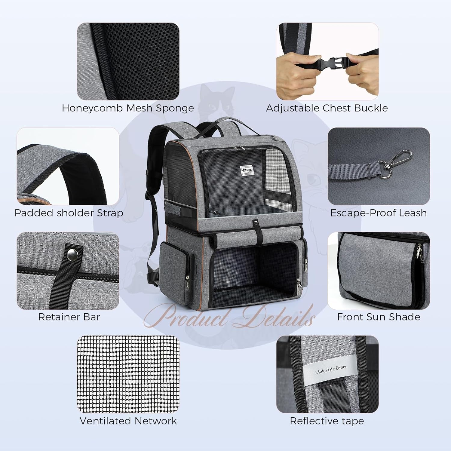 Double Cat Backpack Carrier for 2 Cats, Double-Compartment Pet Carrier Backpack for Two Small Cat or One Medium Cat, Cats Carrier Backpack Dog Carrier Backpack Fits up to 24 Lbs,Grey