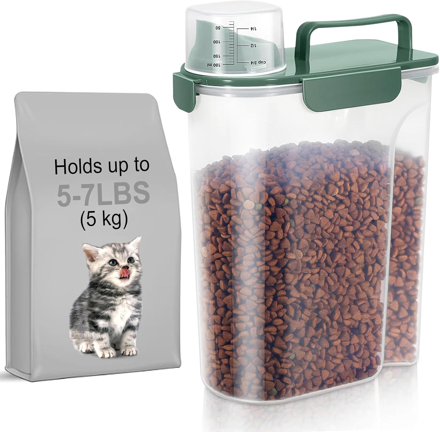 5-7Lbs Cat Dog Storage Container, Portable Pet Food Containers with Upgraded Large Spout and Cup, Small Animal Kibble Dispenser for Bird Seed, Oatmeal, Rice, Flour, Brown Sugart-Dark Green
