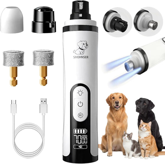 Silent Pet Nail Grinder with Dual LED Lights & 3 Speeds, USB Rechargeable Cordless Pet Nail Trimmer for Dogs and Cats (1 Set + 2*Replacement Heads)