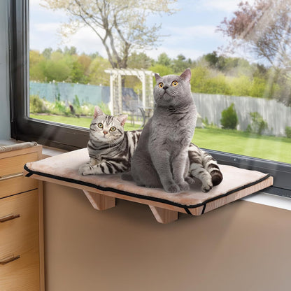 Cat Window Perch for 2 Cats, Adjustable Cat Hammock with Removable Fleece Mat, Natural Solid Wood Design, Easy to Assemble Window Perch for Large Cats, Fits Windowsill, Bedside & Drawer