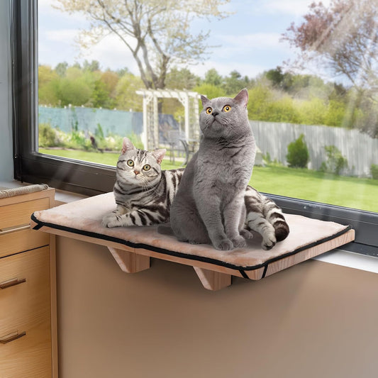 Cat Window Perch for 2 Cats, Adjustable Cat Hammock with Removable Fleece Mat, Natural Solid Wood Design, Easy to Assemble Window Perch for Large Cats, Fits Windowsill, Bedside & Drawer