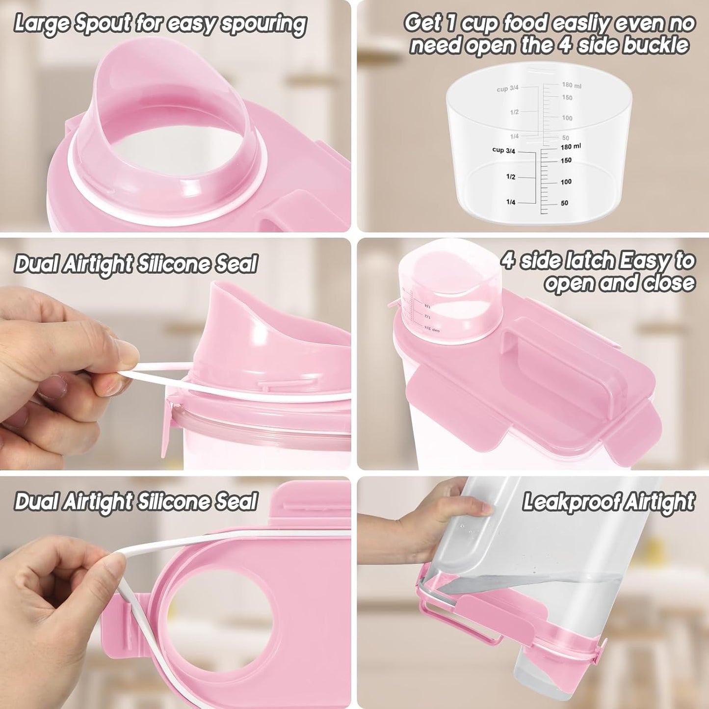 5-7Lbs Dog Cat Food Storage Container with Upgraded Large Nozzle Bpa-Free, 4 Snap Seals Plastic Pet Food Storage Containers with Handles (Light Pink, 5L-1Pack)