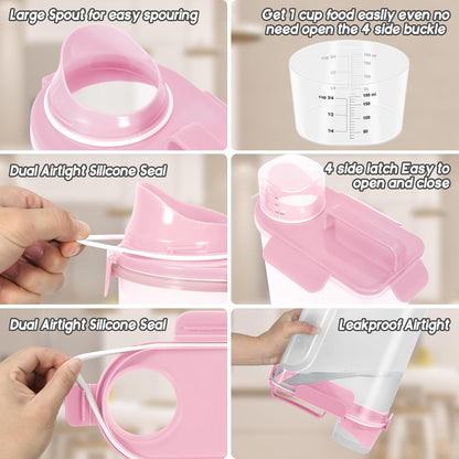 5-7Lbs Dog Cat Food Storage Container with Upgraded Large Nozzle Bpa-Free, 4 Snap Seals Plastic Pet Food Storage Containers with Handles (Light Pink, 5L-1Pack)