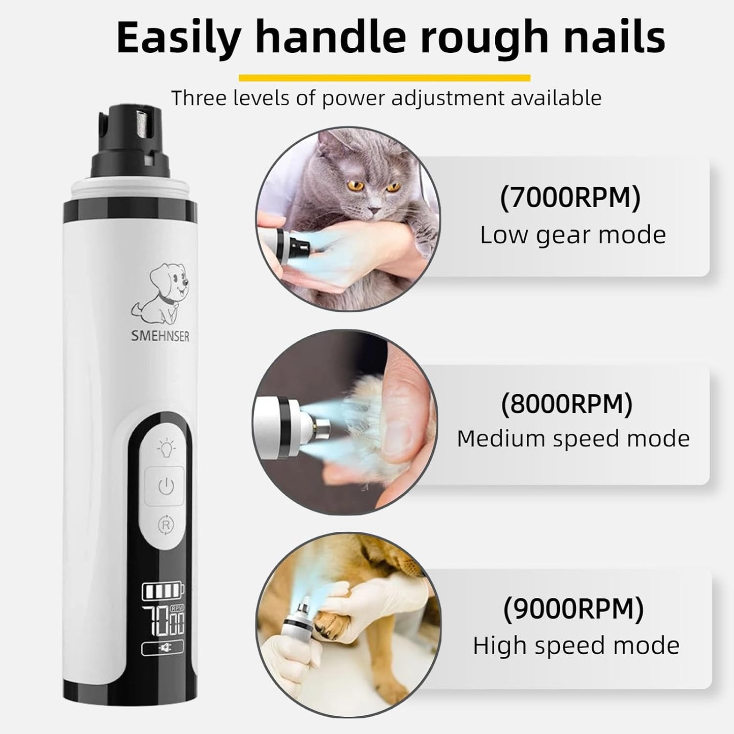 Silent Pet Nail Grinder with Dual LED Lights & 3 Speeds, USB Rechargeable Cordless Pet Nail Trimmer for Dogs and Cats (1 Set + 2*Replacement Heads)