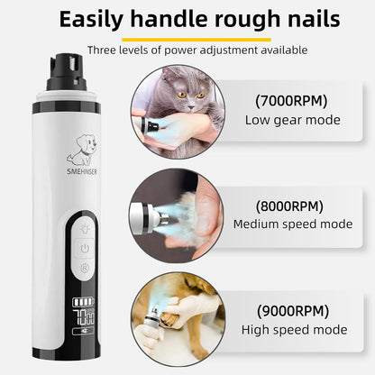 Silent Pet Nail Grinder with Dual LED Lights & 3 Speeds, USB Rechargeable Cordless Pet Nail Trimmer for Dogs and Cats (1 Set + 2*Replacement Heads)