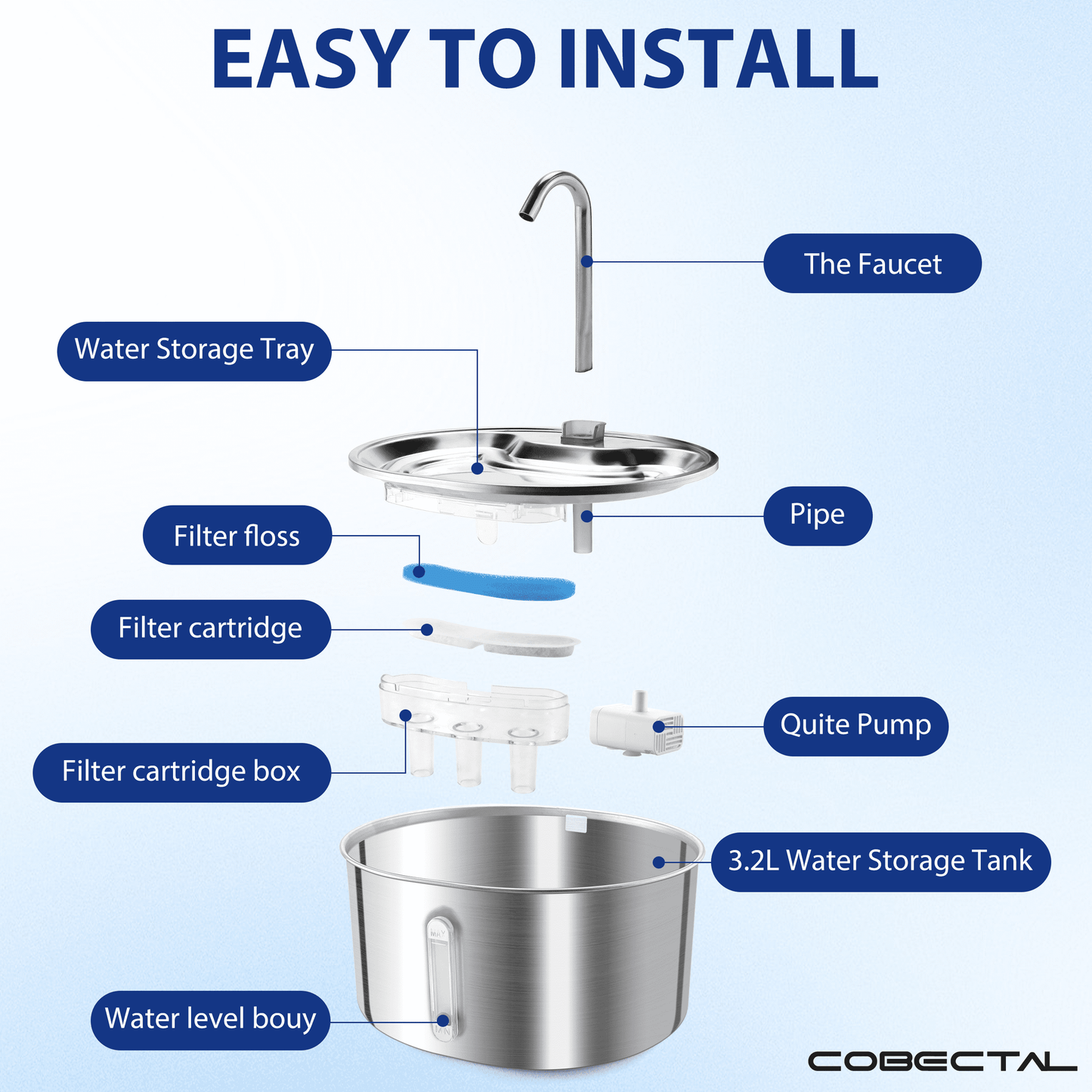 304 Stainless Steel Pet Water Fountain, 3.2L Automatic Electric Drinking Bowl for Cats and Dogs