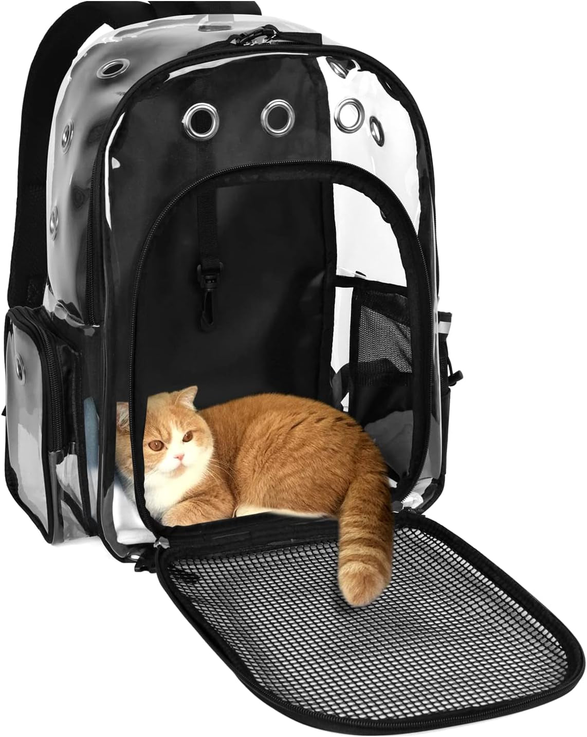 Pet Cat Dog Backpack Carrier Travel Hiking Mesh Front Dog Backpack Carrier for Cat Rabbit Small Animal Breathable Clear Lightweight Pet Backpack for Outdoor Walking (Black 2-10Lbs)