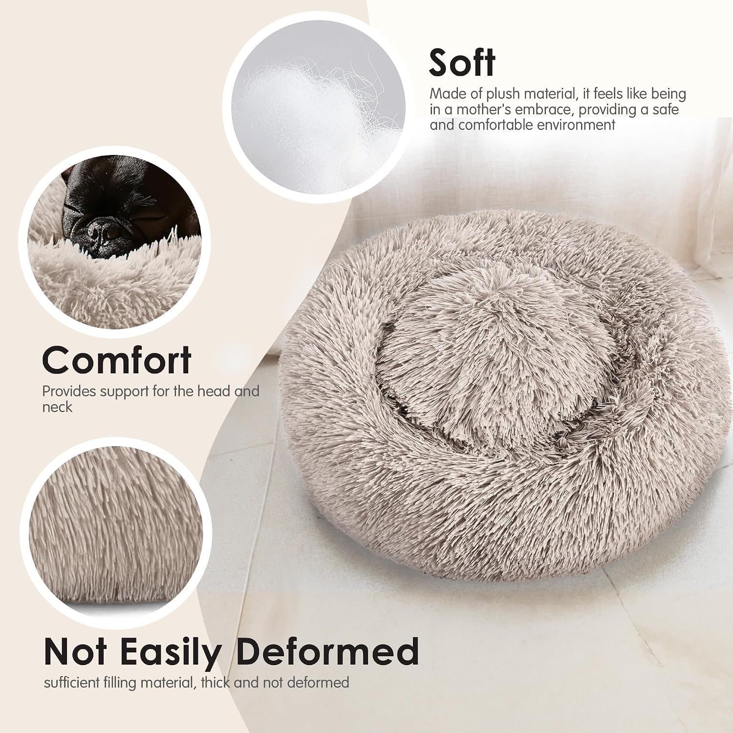 Dog & Cat Bed, 20In Cat Beds for Indoor Cats, Calming Donut Bed for Puppy and Kitten, Washable round Fluffy Pet Bed for Small Medium Dogs and Cats (Brown)