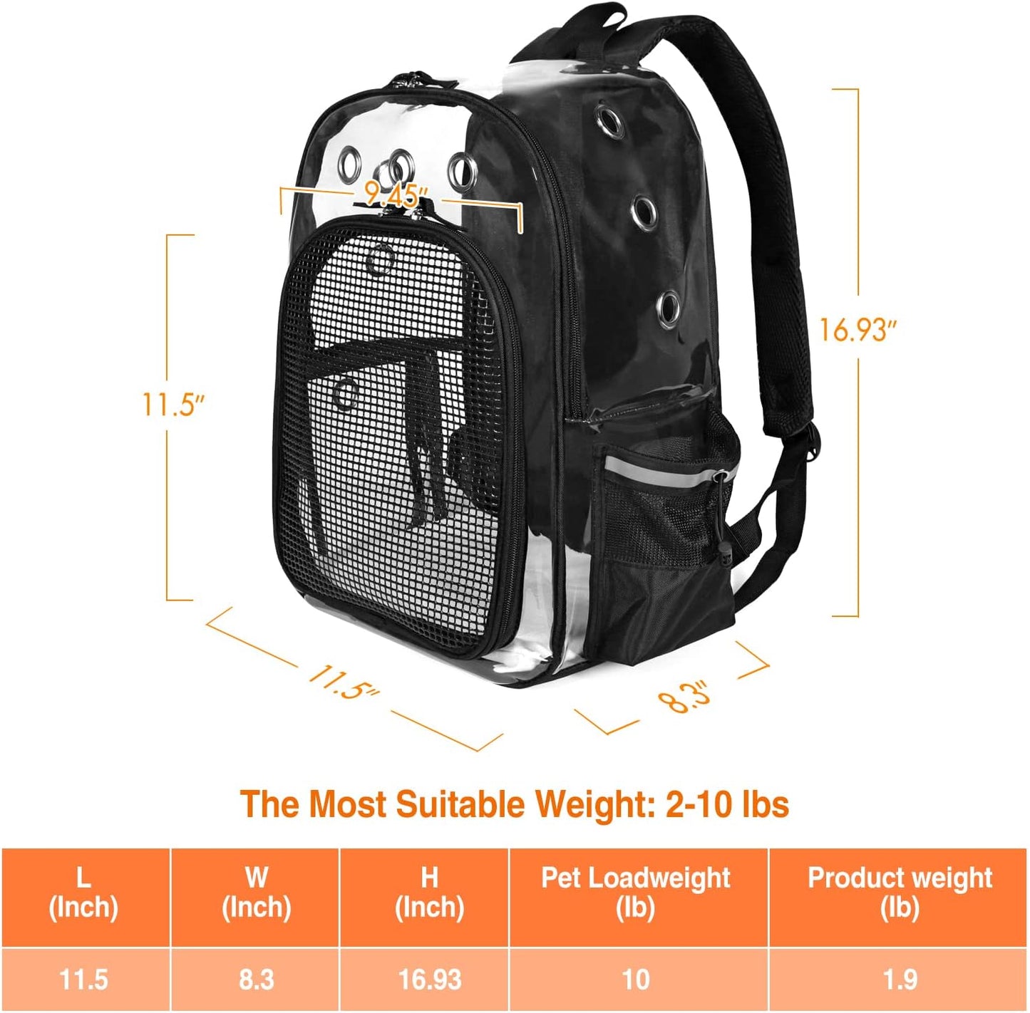 Pet Cat Dog Backpack Carrier Travel Hiking Mesh Front Dog Backpack Carrier for Cat Rabbit Small Animal Breathable Clear Lightweight Pet Backpack for Outdoor Walking (Black 2-10Lbs)
