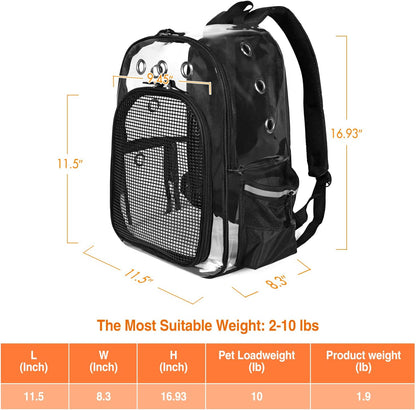 Pet Cat Dog Backpack Carrier Travel Hiking Mesh Front Dog Backpack Carrier for Cat Rabbit Small Animal Breathable Clear Lightweight Pet Backpack for Outdoor Walking (Black 2-10Lbs)