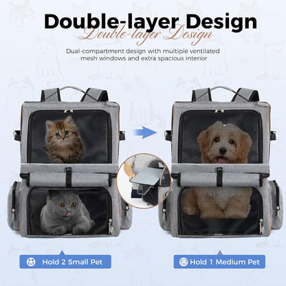 Double Cat Backpack Carrier for 2 Cats, Double-Compartment Pet Carrier Backpack for Two Small Cat or One Medium Cat, Cats Carrier Backpack Dog Carrier Backpack Fits up to 24 Lbs,Grey