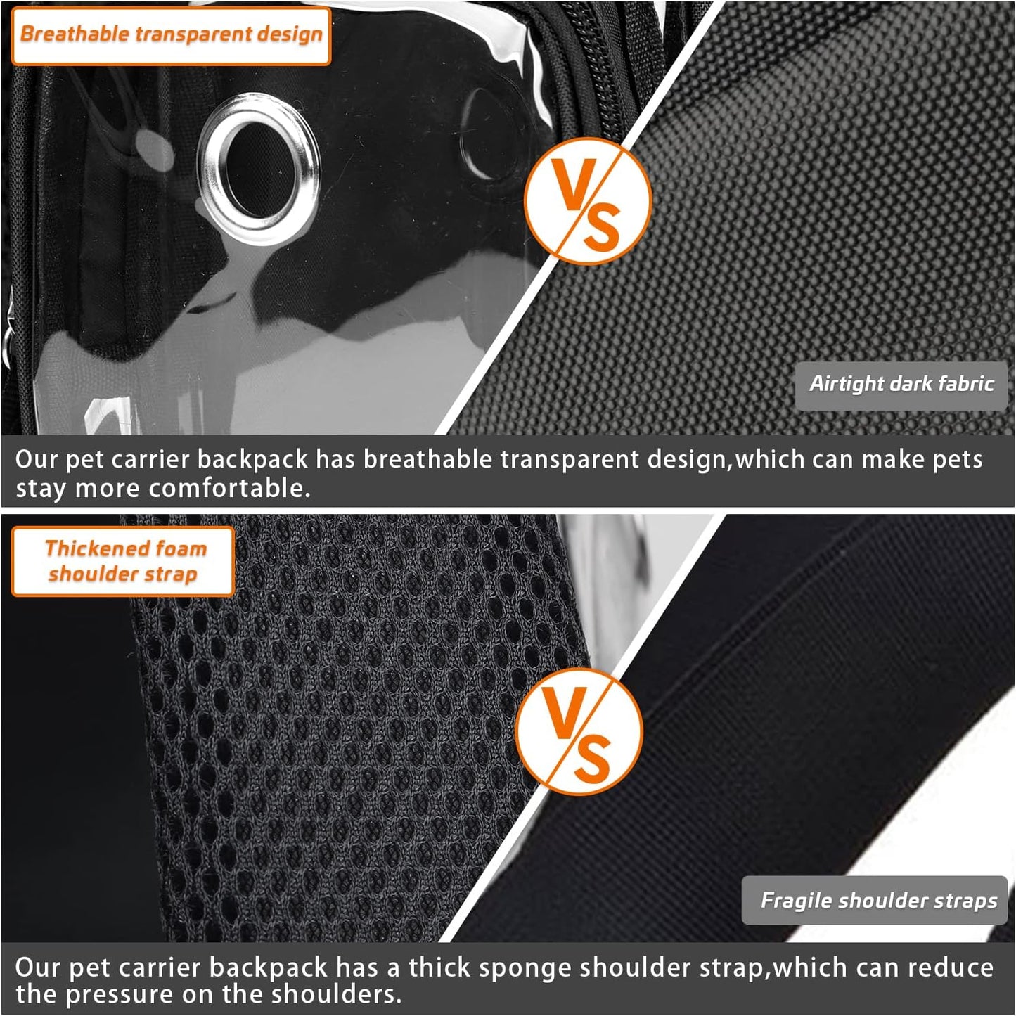 Pet Cat Dog Backpack Carrier Travel Hiking Mesh Front Dog Backpack Carrier for Cat Rabbit Small Animal Breathable Clear Lightweight Pet Backpack for Outdoor Walking (Black 2-10Lbs)