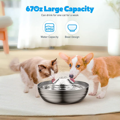 Cat Water Fountain, 2L/67Oz Stainless Steel Pet Water Fountain, Quiet Cat Water Bowl for Cats and Small Dogs (Silver)