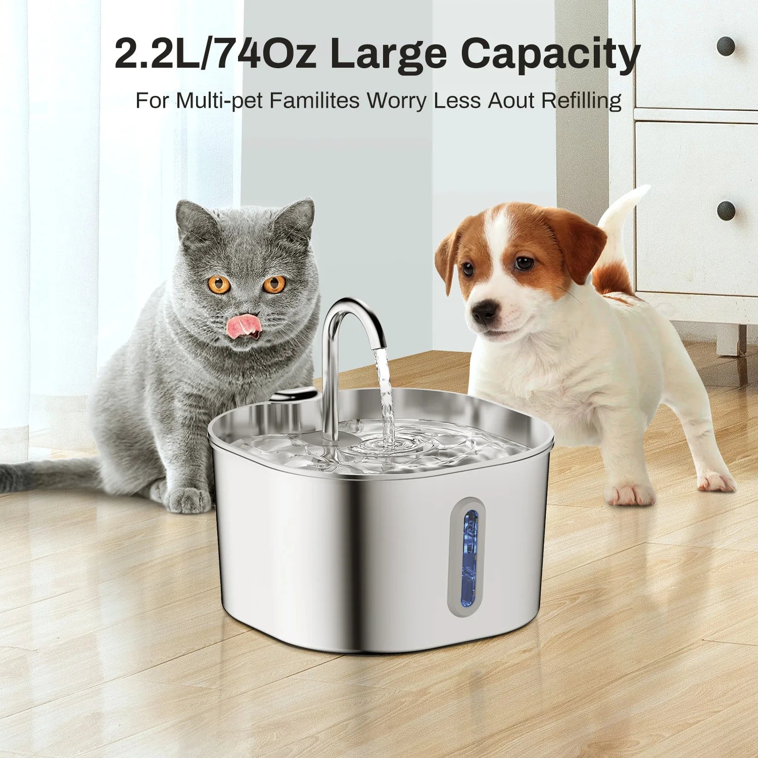 2.2L Stainless Steel Pet Water Fountain, Artesian Water Fountain for Cats, Ultra-Quiet Water Pump with Filter